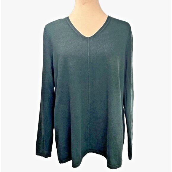 J Jill Dark Green Sweater Sz M Pleated Back V Neck Pullover Knit Top Long Sleeve - Picture 1 of 14